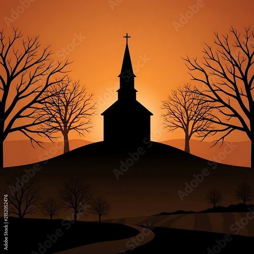Church silhouette on a hill at sunset with bare trees and orange sky background