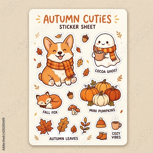 Autumn Corgi and Ghost Sticker Sheet with Fall Pumpkins and Leaves Illustration