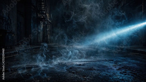 Mysterious Blue Light Beam Illuminating Dark, Smoky Industrial Environment.