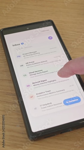 Close-up of person scrolling email inbox on smartphone displaying work notifications, HR updates, and project messages for corporate communication and remote work concepts.
