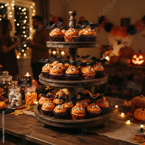 Halloween cupcake tiered stand with spooky bat decorations at a festive party event