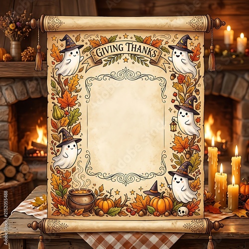 Vintage Thanksgiving parchment sign with autumn decor and lit candles on rustic wooden table