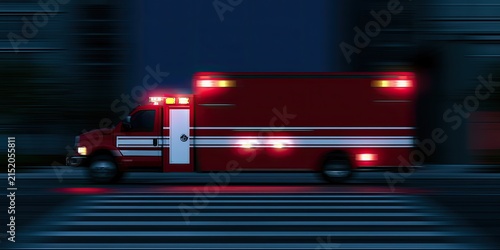 Red emergency vehicle with flashing lights speeds across a dark, blurry street