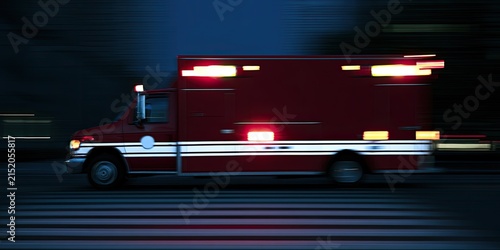 A blurred red emergency vehicle with flashing lights speeds through a dark city