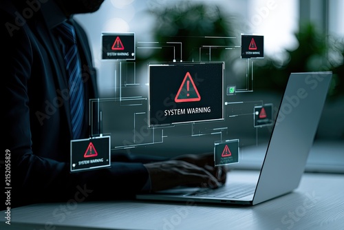 Person typing on laptop with holographic system warning alerts