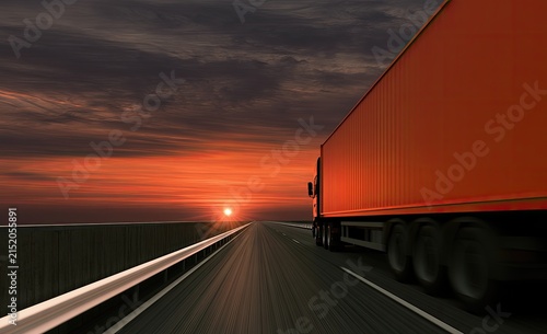 A bright orange semi-trailer truck speeds down an empty highway at sunset