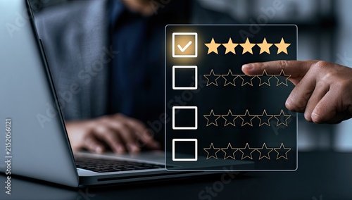 Person evaluates a product, selecting a high rating on a digital star scale