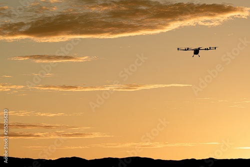 A dark silhouetted landscape under a hazy golden sky with a small aerial craft