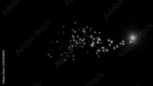 Magical sparkle star line animation with spot light,  luxury white glitter particles, glowing fairy dust trails, twinkling doodle stars and seamless black screen overlay in ultra HD and 4K