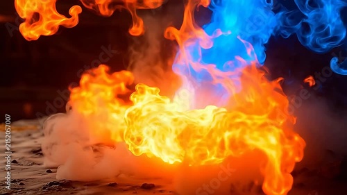 Vibrant abstract background with swirling clouds of bright orange fire and electric blue smoke in a dynamic explosion