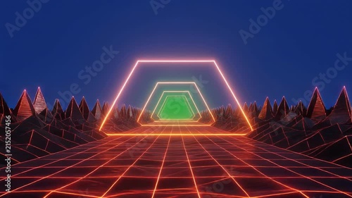 Abstract neon tunnel with grid floor and futuristic landscape during twilight