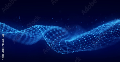 Blue wireframe wave on a dark background with glowing grid lines, floating particles and soft depth. Abstract technology image for digital signal, data flow, virtual network and futuristic interface d