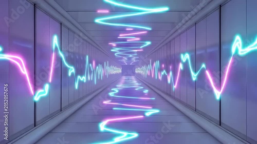 Abstract neon wave patterns flowing through a futuristic digital tunnel with vibrant purple and blue lighting