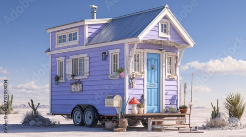 A whimsical tiny house on wheels, painted lavender, sits in a desert landscape under a clear blue sky