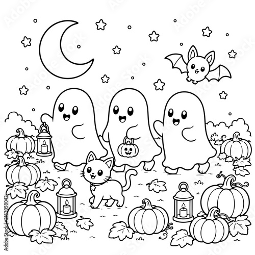 cute halloween ghost coloring page with pumpkins bat cat moon and lanterns for kids printable vector illustration