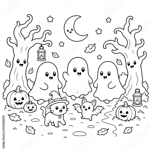 cute halloween ghost forest coloring page with haunted trees pumpkins bats cat and moon vector illustration