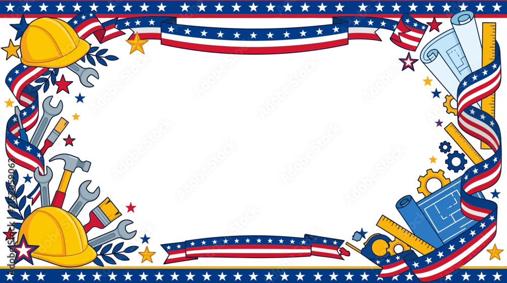 Obraz premium Patriotic American Labor Day Frame with Construction Tools and Blueprints, Celebrating Workers' Holiday and American Industry, Ideal for Invitations and Decorations