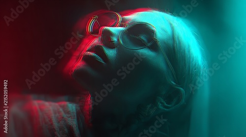 Young woman illuminated by vibrant red and blue neon lights, lost in thought with eyes closed.