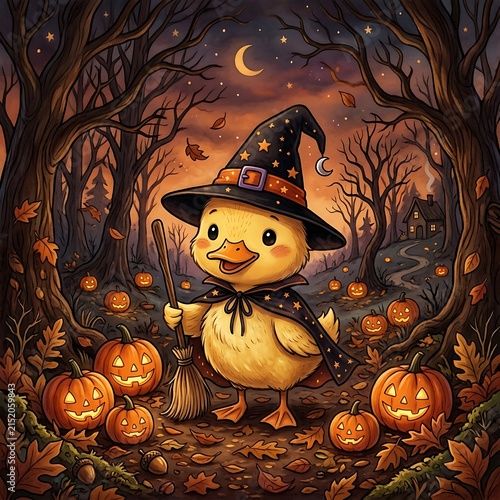 Cute smiling pumpkin-headed scarecrow in witch hat holding autumn lanterns at night