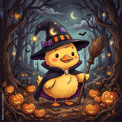 Cute duckling wearing a witch hat and cape holding a broomstick in a spooky forest