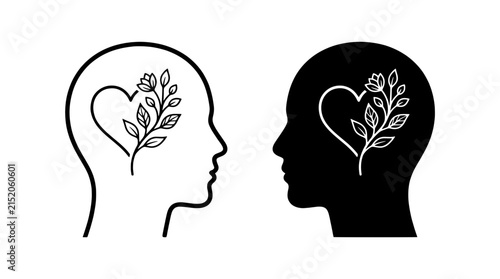 Human head profile icon set with heart and plant symbols. Mental health and wellness concepts in outline and solid black styles. Editable vector illustration.