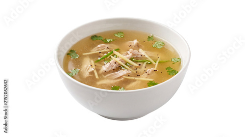 Clear chicken soup with ginger and cilantro in white bowl, healthy bone broth with meat, nutritious homemade poultry consomme isolated PNG with Transparent Background
