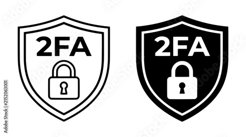 Two-factor authentication icon set. Shield and padlock symbols in outline and solid black styles. Editable vector illustration on white background.