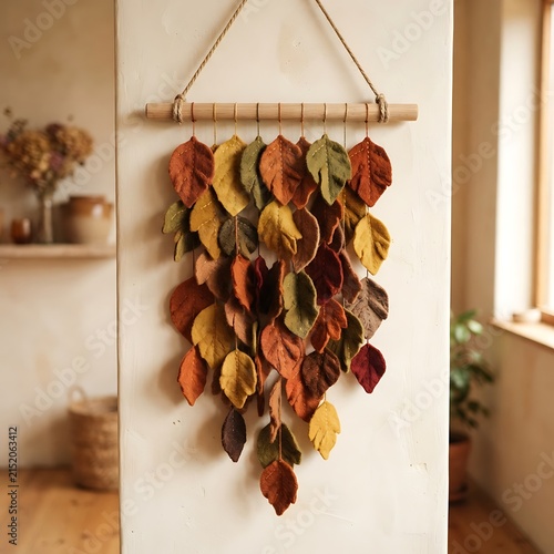 Handmade felt leaf wall hanging decor for autumn interior design and seasonal home styling