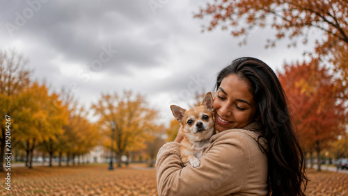 Woman cuddling Chihuahua dog in an autumn park, smiling affectionately among colorful fall trees and fallen leaves, peaceful outdoor companionship. Concept of love, friendship, pets and autumn