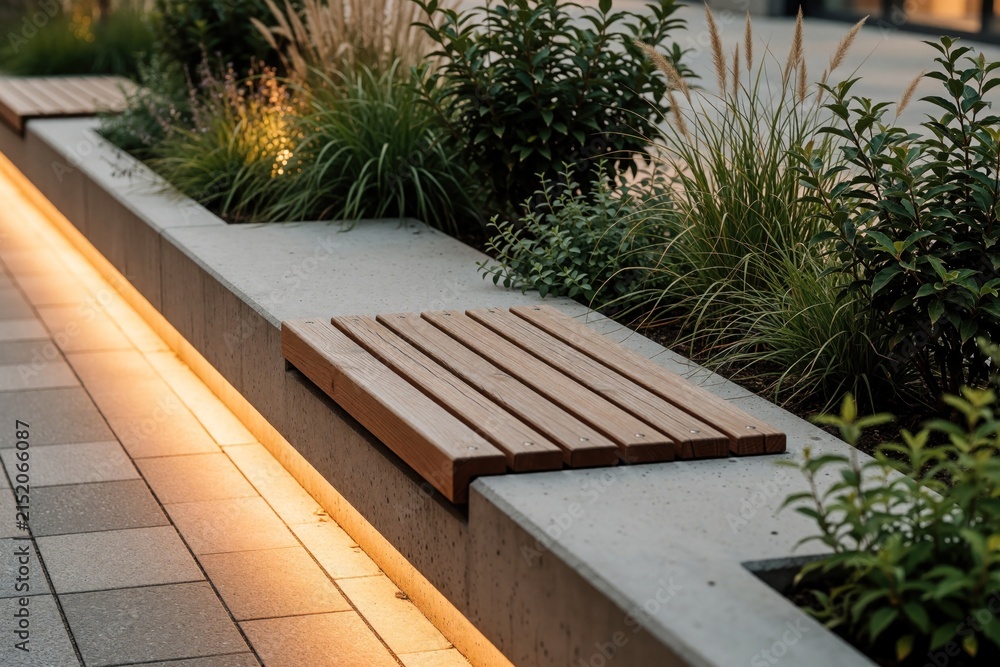 Fototapeta premium Modern concrete planter with wood bench, green plants, and warm light on paved walkway. Urban public space with contemporary design elements and natural flora.