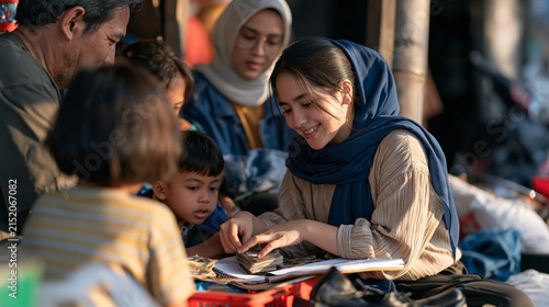 Indonesian family gathered at golden hour around a street corner shoe shiner stall as an older daughter counts carefully stacked earnings into a notebook budgeting toward independence while younger 