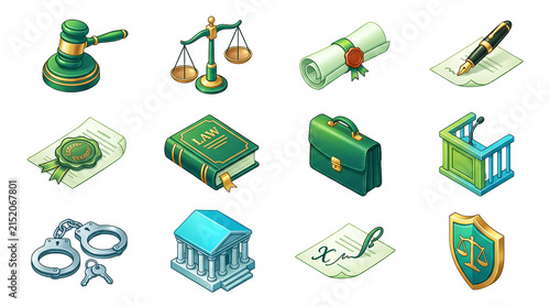 Legal 3d Isometric Icon Set 12 Glossy Law and Contract Symbols for Ui