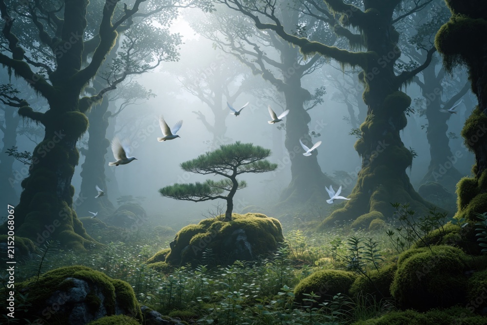 Obraz premium Misty ancient forest with mossy trees. White birds fly above small green pine tree on rock. Sunlight filters through fog illuminating tranquil woodland scene.