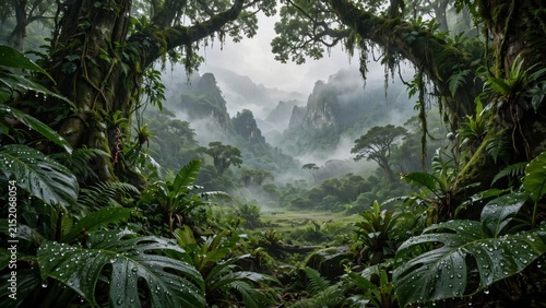 Misty Rainforest Valley Overlook with Lush Greenery.