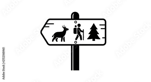 hiking trail sign with animal and tree.