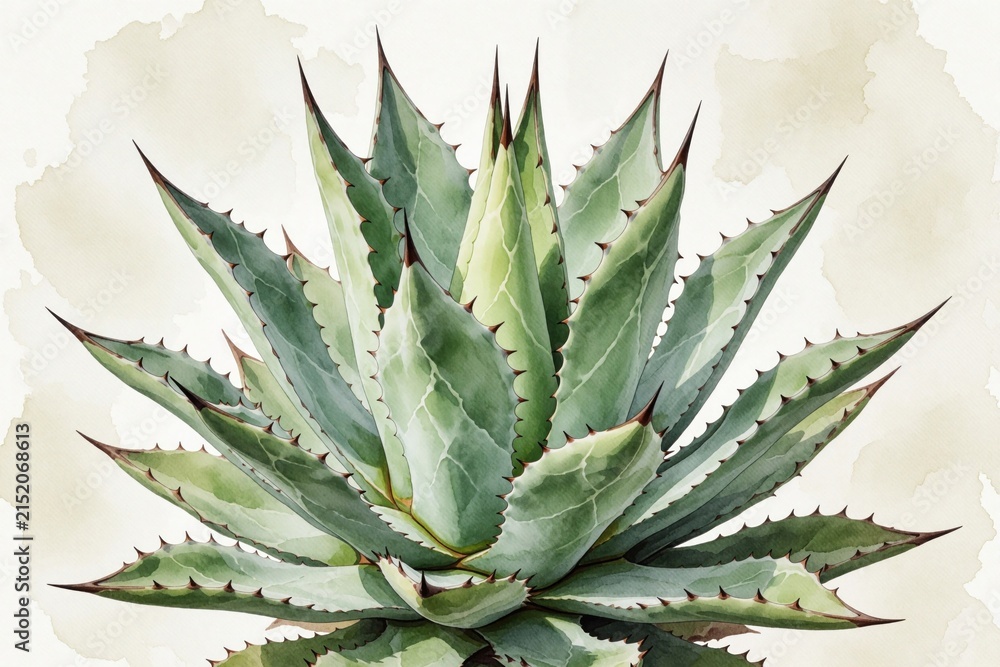 Fototapeta premium Watercolor agave plant with sharp green leaves and spiky edges. Botanical illustration isolated on pale background with soft watercolor wash. Nature drawing for decor.