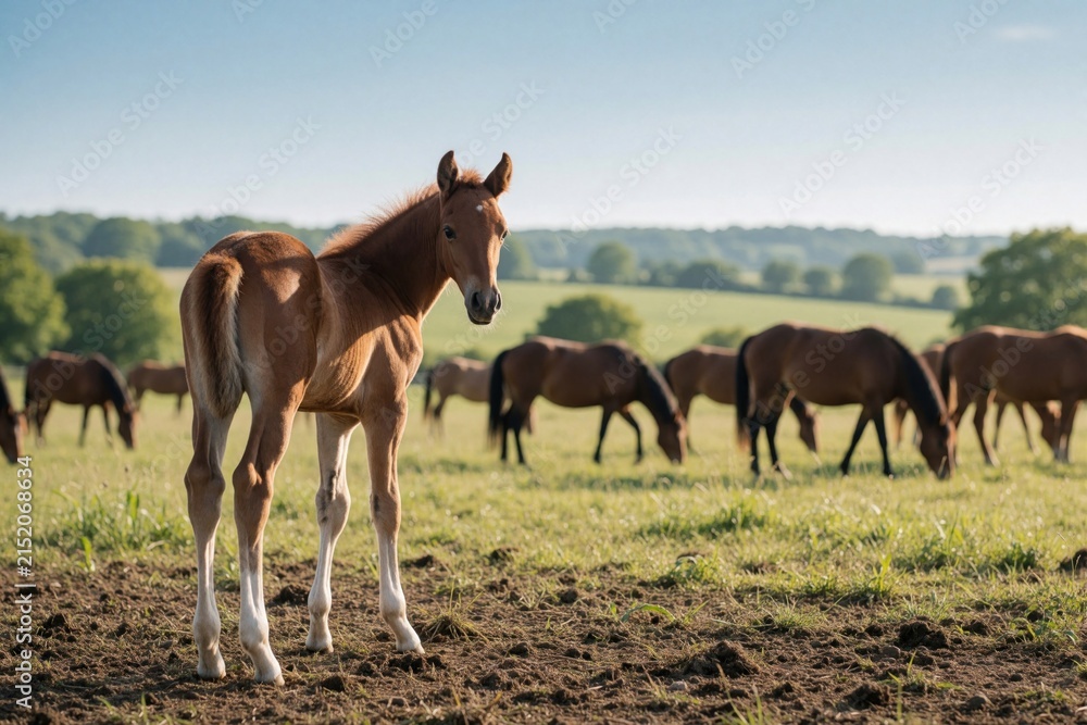 Obraz premium Young brown foal stands in grassy field looking back. Herd of horses graze in background under sunny blue sky. Rural farm landscape, springtime nature scene.