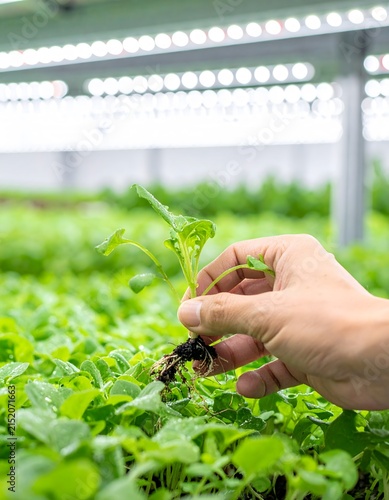 A farmer's hand gently holds a young seedling, showcasing the meticulous care involved in modern agriculture and vertical farming under artificial light.