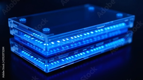 Macro shot of translucent device casing illuminated by blue LED strip on reflective surface