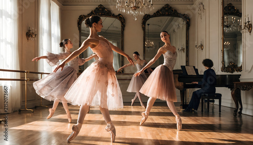 Ballet dancers practicing gracefully in ornate studio, concept of the difficulties of dance classes and training challenges, the concept of longing for a dance past after graduating from a choreograph