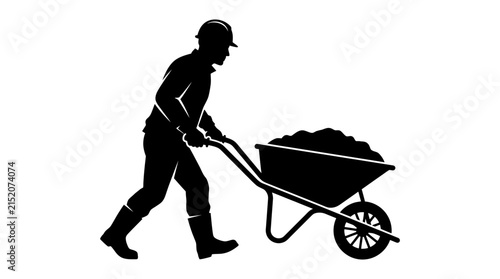 Worker pushing wheelbarrow black silhouette against white background