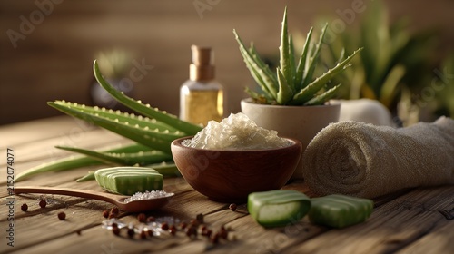 Natural spa treatment with aloe vera and sea salt for soothing relaxation and skincare.