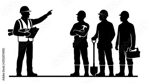 Construction workers with foreman pointing black silhouette
