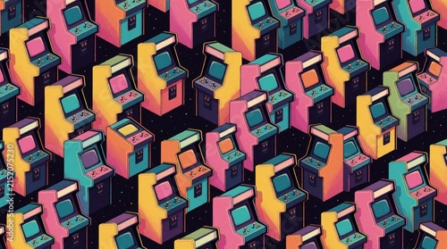 Colorful retro arcade machines repeat in a seamless pattern against a dark starry background. This vibrant design evokes nostalgia for classic video games and 80s pop culture.