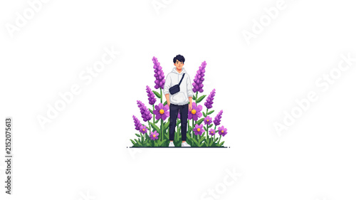 Pixel Art Man Standing with Purple Flowers