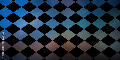 Abstract checkerboard pattern with glowing blue and orange squares creates a vibrant background.
