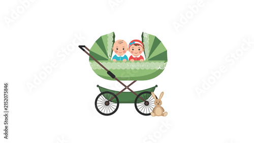 Cute Twin Babies in a Vintage Stroller