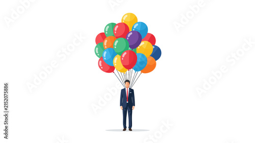 Businessman Lifted by a Bunch of Colorful Balloons