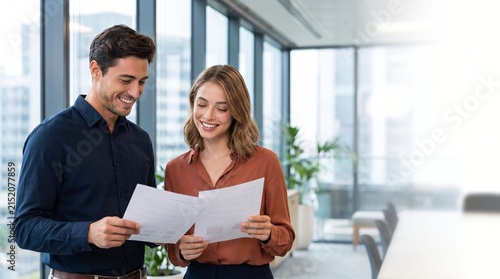 Business team of two happy young busy diverse colleagues, professional business man and business woman executives working together standing in office looking at project documents and talking.
