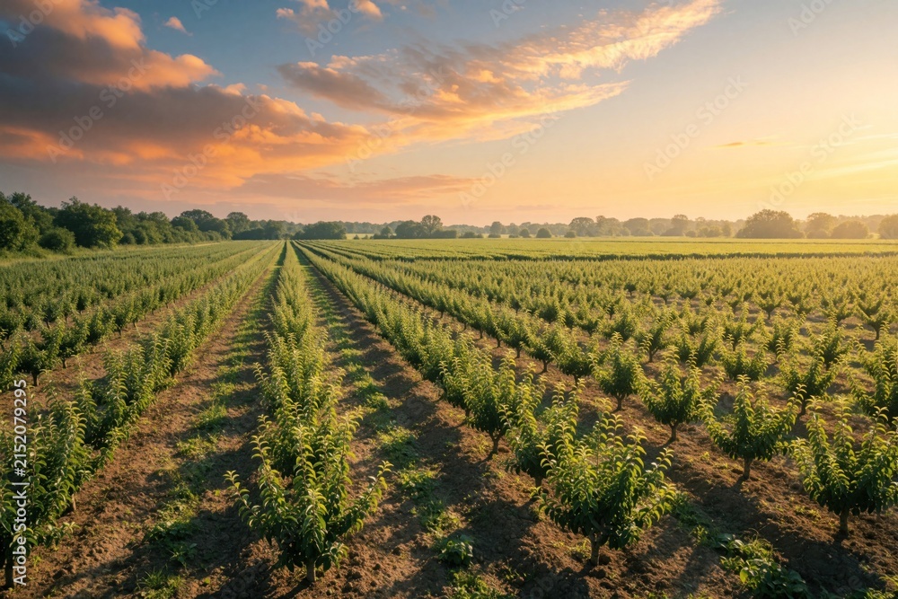 Obraz premium Young fruit trees grow in neat rows on a farm field. Golden sunrise illuminates the agricultural landscape with clouds and light sky. Green plants await harvest.